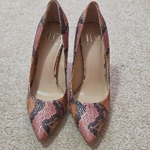 Jennifer Lopez Pink and Brown Snake Print Heels